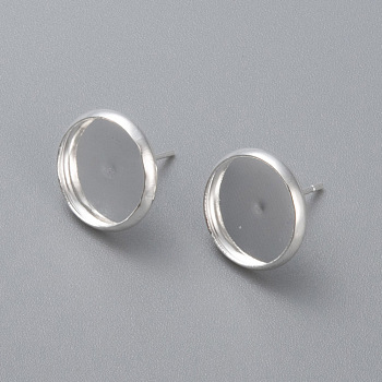 304 Stainless Steel Stud Earring Settings, Flat Round, Silver, Tray: 12mm, 14mm, Pin: 0.8mm