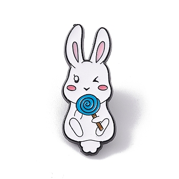 Easter Theme Rabbit Enamel Pin, Electrophoresis Black Alloy Animal Brooch for Backpack Clothes, Lollipop Pattern, 32x14x2mm