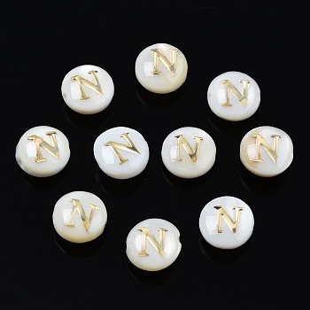 Natural Freshwater Shell Beads, with Golden Plated Brass Etched Metal Embellishments, Flat Round with Letter, Seashell Color, Letter.N, 6x4mm, Hole: 0.8mm