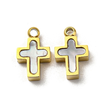 304 Stainless Steel Shell Charms, Cross, Real 14K Gold Plated, 10.5x6.5x2.5mm, Hole: 1.2mm