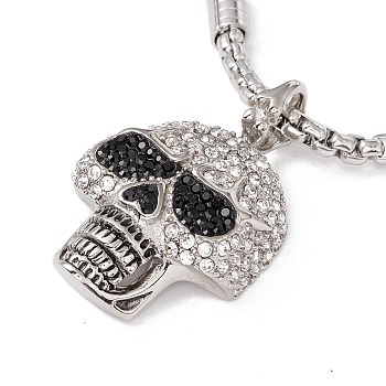 Rhinestone Skull Pendant Necklace with Natural Black Agate Beads, 304 Stainless Steel Gothic Jewelry for Women, Stainless Steel Color, 27.20 inch(69.1cm)