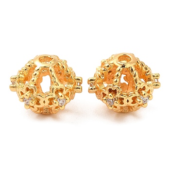 Brass Micro Pave Clear Cubic Zirconia Beads, Hollow, Round with Clover, Real 18K Gold Plated, 9~9.5x8mm, Hole: 1.2mm