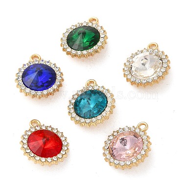 Golden Mixed Color Flat Round Alloy+Glass Pendants