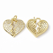 Rack Plating Brass Micro Pave Clear Cubic Zirconia Pendants, with Acrylic Bead and Jump Ring, Long-Lasting Plated, Cadmium Free & Lead Free, Breaking Heart, Real 18K Gold Plated, 16.5x17x3.5mm, Jump Ring: 5x1mm, Inner Diameter: 3mm(ZIRC-C041-07G)