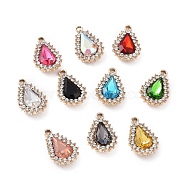 Alloy Rhinestone Pendants, Light Gold Tone Teardrop Charms, Mixed Color, 22.5x14x5mm, Hole: 2.5mm(FIND-FS0001-58)