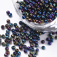 Plated Glass Seed Beads, Round, Medium Blue, 1.5~2x1mm, Hole: 0.6mm, about 120000pcs/bag, about 450g/bag(SEED-Q025-1.5mm-B05)