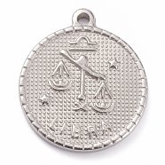 304 Stainless Steel Pendants, Flat Round with Constellation, Libra, 29x26x3mm, Hole: 2mm(STAS-O140-02P-L)