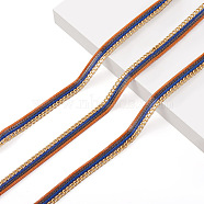 Polyester Yarn Ribbon, with Iron Curb Chain, Flat, Orange, 3/8 inch(9.5mm), 5yard/card(FW-TAC0001-04)