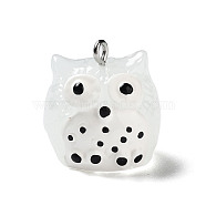 Translucent Resin Pendants, Owl Charms with Platinum Plated Iron Loops, White, 21x20x19.5mm, Hole: 2mm(RESI-R445-01B)