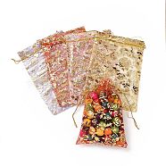 Gold Stamping Rose Flower Rectangle Organza Gift Bags, Jewelry Packing Drawable Pouches, Mixed Color, 30x20cm(OP-L006E-01)