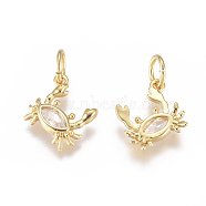 Brass Charms, with Micro Pave Cubic Zirconia and Jump Rings, Crab, Clear, Golden, 9x9x2mm, Hole: 3.5mm(ZIRC-L070-94G)