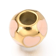 Ion Plating(IP) 304 Stainless Steel European Beads, with Enamel, Large Hole Beads, Round with Heart, Golden, Pink, 10.5mm, Hole: 4.5mm(OPDL-L013-01J)
