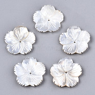 Natural White Shell Mother of Pearl Shell Beads, Carved, Flower, Creamy White, 24x24x2~3mm, Hole: 1.2mm(X-SSHEL-N032-18)