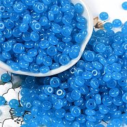 Transparent Colours Glass Seed Beads, Donut, Dodger Blue, 6.5x3mm, Hole: 1.8mm, about 1363pcs/pound(SEED-P008-01B-08)