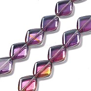 Electroplate Glass Beads Strands, Half Rainbow Plated, Rhombus, Purple, 18x15.5x5mm, Hole: 1.2mm, about 35~37pcs/strand, 24.80~25.98 inch(63~66cm)(EGLA-L032-HR03)