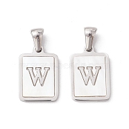 304 Stainless Steel Pave Shell Pendants, Rectangle Charm, Stainless Steel Color, Letter W, 17.5x12x1.5mm, Hole: 3x5mm(STAS-G327-01P-W)