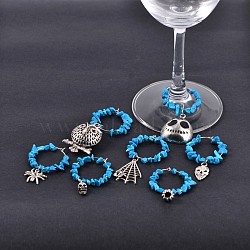 Halloween Theme Tibetan Style Alloy Wine Glass Charms, with Synthetic Turquoise Chips Beads and Brass Wine Glass Charm Rings Hoop Earrings, Antique Silver, 49~75x30mm(AJEW-JO00065)