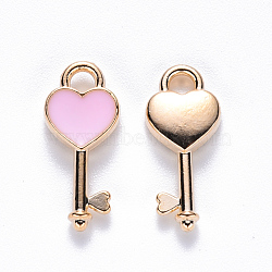 Alloy Enamel Pendants, Heart Key, Light Gold, Pink, 16x7x2.5mm, Hole: 1.8mm(ENAM-S121-057A)