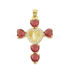 Rack Plating Brass Micro Pave Cubic Zirconia Heart Shape Virgin Mary Cross Pendant, Cadmium Free & Lead Free, Long-Lasting Plated, Real 18K Gold Plated, Red, 39x28x6mm, Hole: 4x3mm(KK-S380-44G-G)