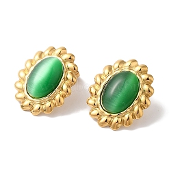 Oval Golden Ion Plating(IP) 304 Stainless Steel Stud Earrings for Women, with Cat Eye, Golden, Green, 23x20mm(EJEW-L287-052G-01)