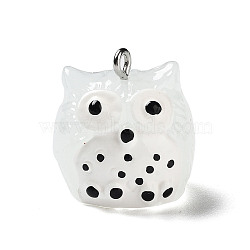 Translucent Resin Pendants, Owl Charms with Platinum Plated Iron Loops, White, 21x20x19.5mm, Hole: 2mm(RESI-R445-01B)