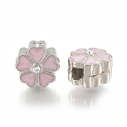 Alloy European Clasps, Large Hole Beads, with Rhinestone and Enamel, Flower, Platinum, Pearl Pink, 11.5x11.5x9.5mm, Hole: 3.5mm(PDLC-S001-01A)