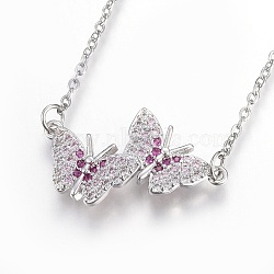 304 Stainless Steel Pendant Necklaces, with Cubic Zirconia, Butterfly, Clear, Stainless Steel Color, 18.5 inch(47.4cm), Pendant: 26x15.5x2.7mm(NJEW-O108-18P)
