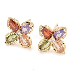 Rack Plating Flower Brass Cubic Zirconia Stud Earrings, Champagne Gold, Long-Lasting Plated, Colorful, 10.5x10.5mm(EJEW-M090-13G-04)