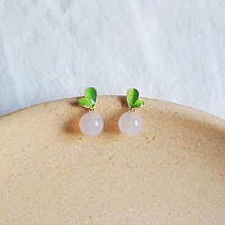 Alloy Enamel Leaf & Round Stud Earrings, with Glass Beads and 925 Sterling Silver Pins, Floral White(FS-WGE0AD6-46)