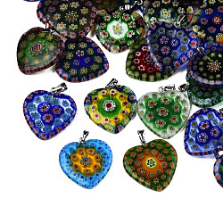 Handmade Millefiori Glass Pendants, with Platinum Plated Iron Findings, Heart, Mixed Color, 27x24x3mm, Hole: 5x2mm(X-LK-R005-03)