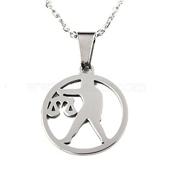 201 Stainless Steel Pendants Necklaces, with Cable Chains and Lobster Claw Clasps, Flat Round with Constellation/Zodiac Sign, Libra, 15-3/4 inch(40cm), 1.5mm(NJEW-S105-JN626-7)