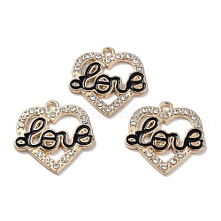 Alloy Enamel Pendants, with Rhinestone, Cadmium Free & Lead Free, Light Gold, Heart, Word Love, 20x19x1.6mm, Hole: 1.6mm(FIND-C042-06KCG-03)