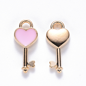 Alloy Enamel Pendants, Heart Key, Light Gold, Pink, 16x7x2.5mm, Hole: 1.8mm