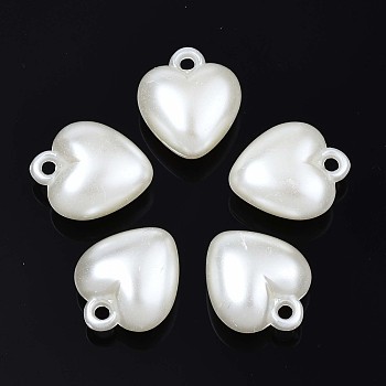 Acrylic Imitation Pearl Pendants, Heart, Creamy White, 17x14x8mm, Hole: 1.8mm