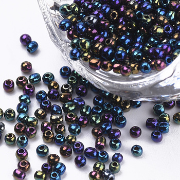 Plated Glass Seed Beads, Round, Medium Blue, 1.5~2x1mm, Hole: 0.6mm, about 120000pcs/bag, about 450g/bag