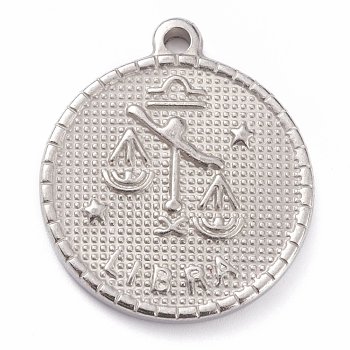 304 Stainless Steel Pendants, Flat Round with Constellation, Libra, 29x26x3mm, Hole: 2mm