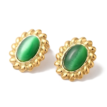 Oval Golden Ion Plating(IP) 304 Stainless Steel Stud Earrings for Women, with Cat Eye, Golden, Green, 23x20mm