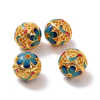 Hollow Alloy Beads, with Enamel, Round with Flower, Matte Gold Color, Colorful, 14mm, Hole: 2mm