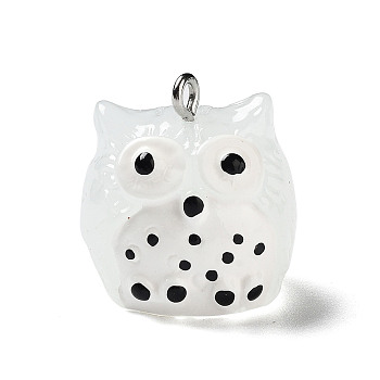 Translucent Resin Pendants, Owl Charms with Platinum Plated Iron Loops, White, 21x20x19.5mm, Hole: 2mm