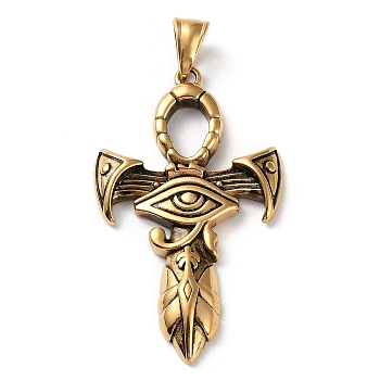 Ion Plating(IP) 304 Stainless Steel Big Pendants, Ankh Cross with Eye of Ra/Re Egypt Charm, Antique Golden, 54.5x32x5.5mm, Hole: 4x8mm