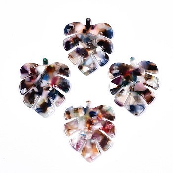 Cellulose Acetate(Resin) Pendants, Tropical Leaf Charms, Monstera Leaf, Colorful, 43.5x35x2.5mm, Hole: 1.2mm