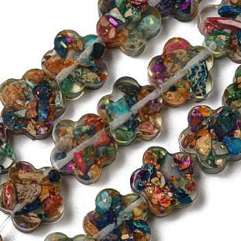Dyed Natural Imperial Jasper with Resin Beads Strands, Flower, Colorful, 15x16x5.5mm, Hole: 1.2mm, about 12pcs/strand, 8.46''(21.5cm)