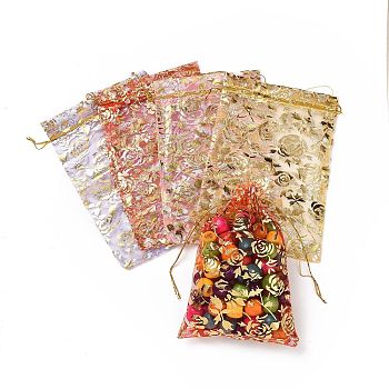 Gold Stamping Rose Flower Rectangle Organza Gift Bags, Jewelry Packing Drawable Pouches, Mixed Color, 30x20cm