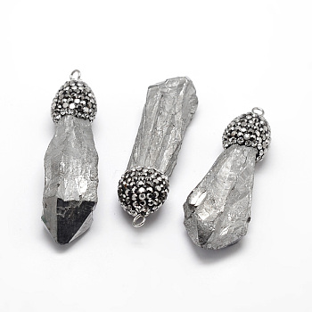 Nuggets Dyed Electroplated Natural Druzy Crystal Big Pendants, with Polymer Clay Rhinestone and Platinum Tone Brass Findings, Gray, 46~60x12~19x6~18mm, Hole: 1.5mm