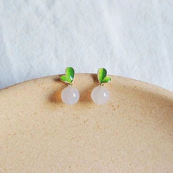 Alloy Enamel Leaf & Round Stud Earrings, with Glass Beads and 925 Sterling Silver Pins, Floral White