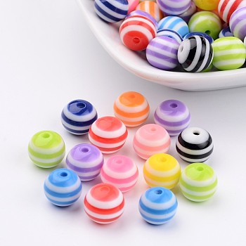 Round Resin Stripe Beads, Mixed Color, about 10mm in diameter, hole: 2mm