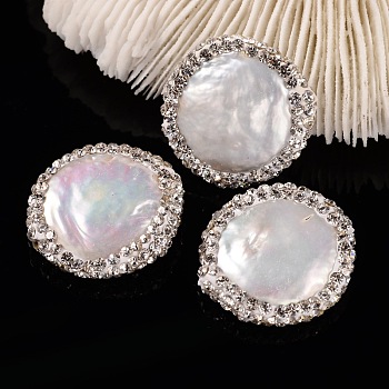 Flat Round Natural Cultured Freshwater Pearl Beads, with Polymer Clay Rhinestone, Floral White, 17~22x5~6mm, Hole: 0.5mm