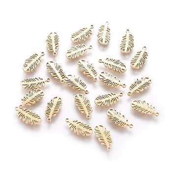 304 Stainless Steel Charms, Leaf, Real 18K Gold Plated, 11.5x5.5x0.8mm, Hole: 0.8mm