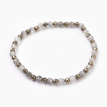 Natural Cloud Quartz & Pyrite Beads Stretch Bracelets, Round, Faceted, 2-1/8 inch(5.4cm)