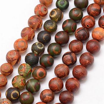Tibetan Style Mixed Pattern dZi Beads, Natural Agate Bead Strands, Round, Matte Style, Dyed & Heated, Mixed Color, 10mm, Hole: 1mm, about 18pcs/strand, 7.5 inch